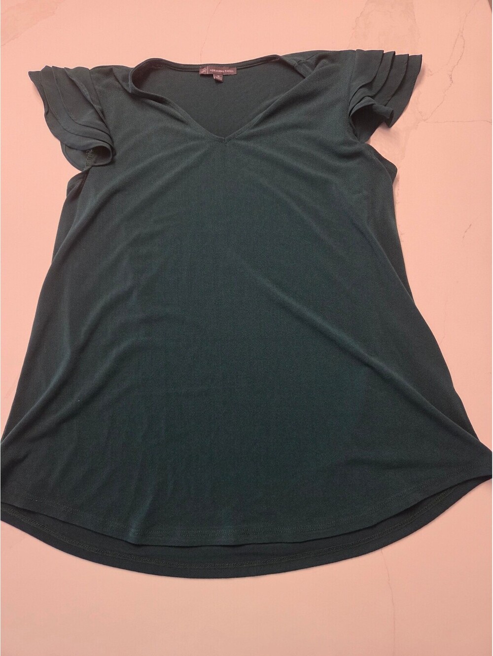Adrianna Papell Green V-Neck Short Sleeve Blouse, Size M